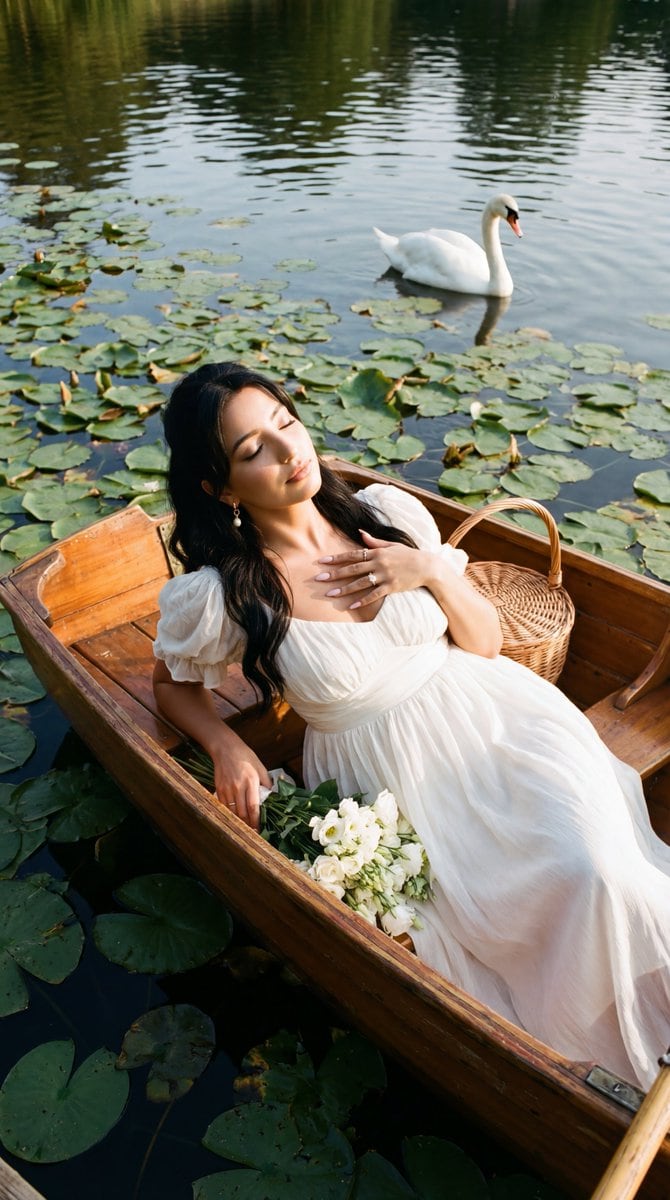Poetic Realism of a Woman in a Boat with a Swan - AI 프롬프트
