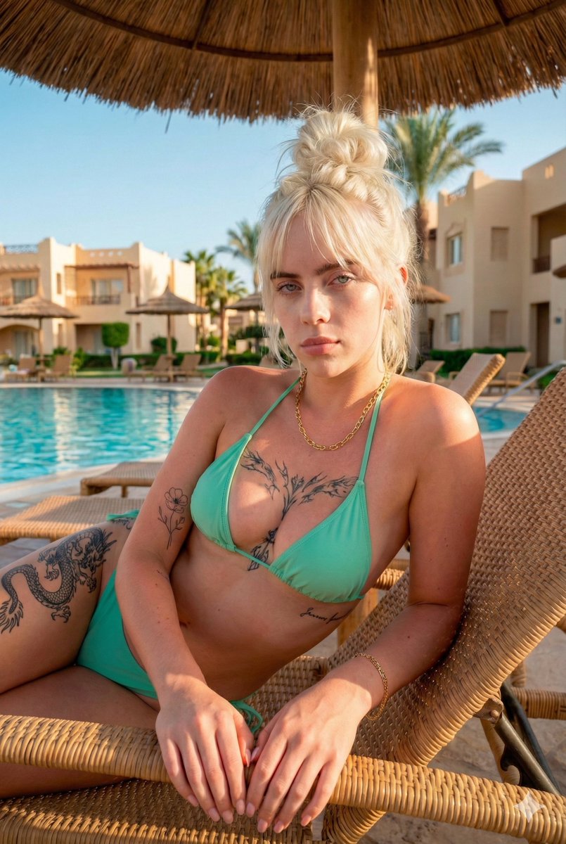 Preview image for Poolside paradise portrait with golden hour influence prompt
