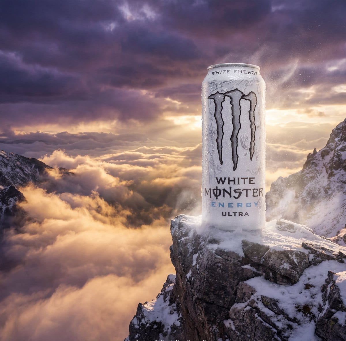 Product Ad: Monster Energy Can on Mountain Peak - Prompt de IA