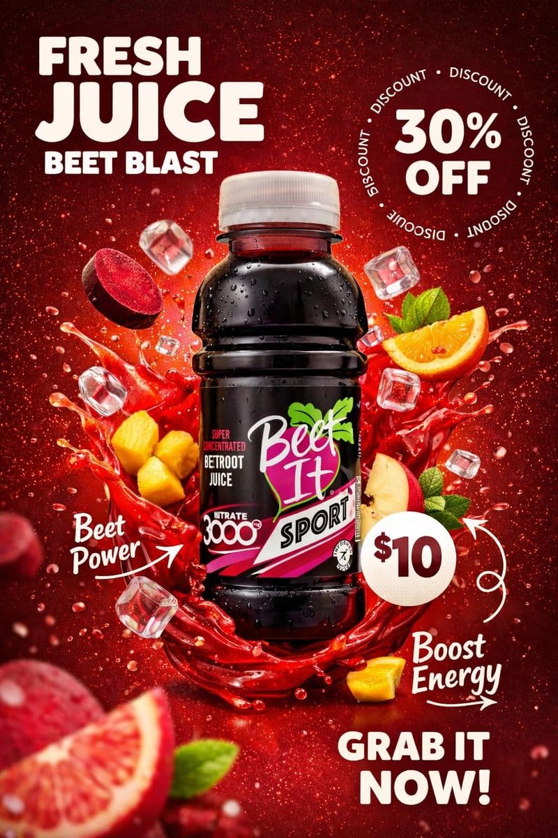 Product Photography Poster with Liquid Splash and Text Overlays - AI Generated Realistic Style Image Example
