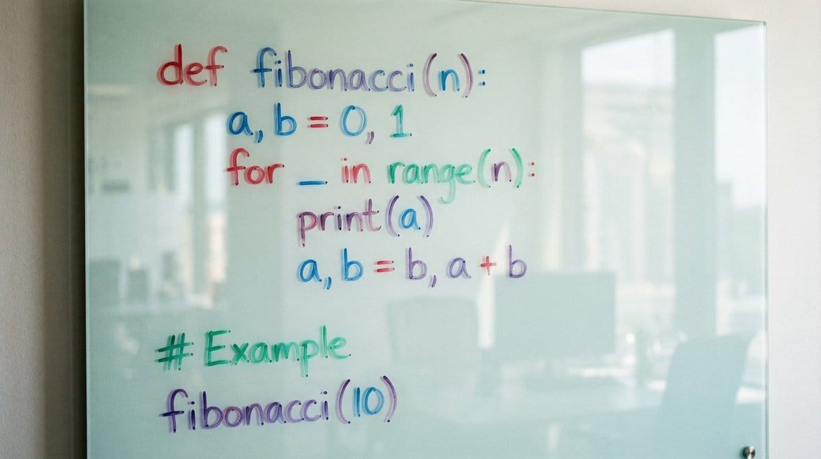 Python Fibonacci code on glass whiteboard - AIプロンプト