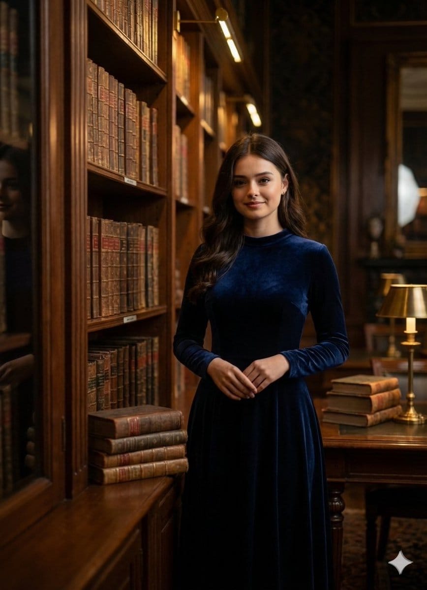 Quiet Luxury Cinematic Library Portrait - AI Generated Character Style Image Example