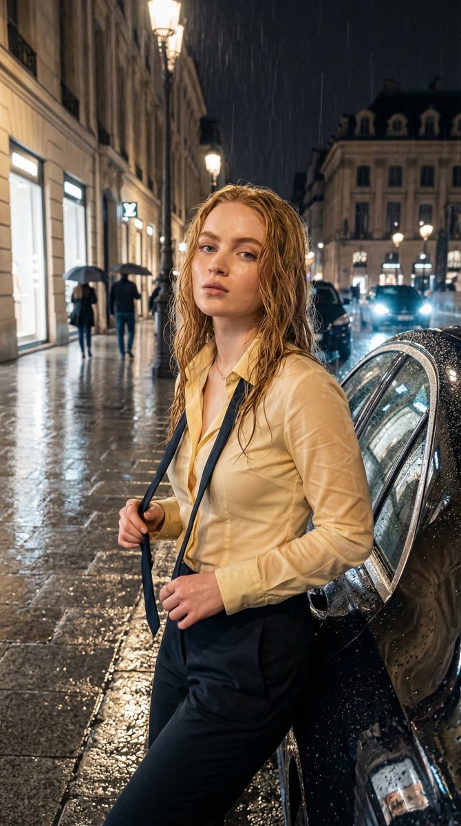 Preview image for Rain-Soaked Night Portrait in European Boulevard prompt