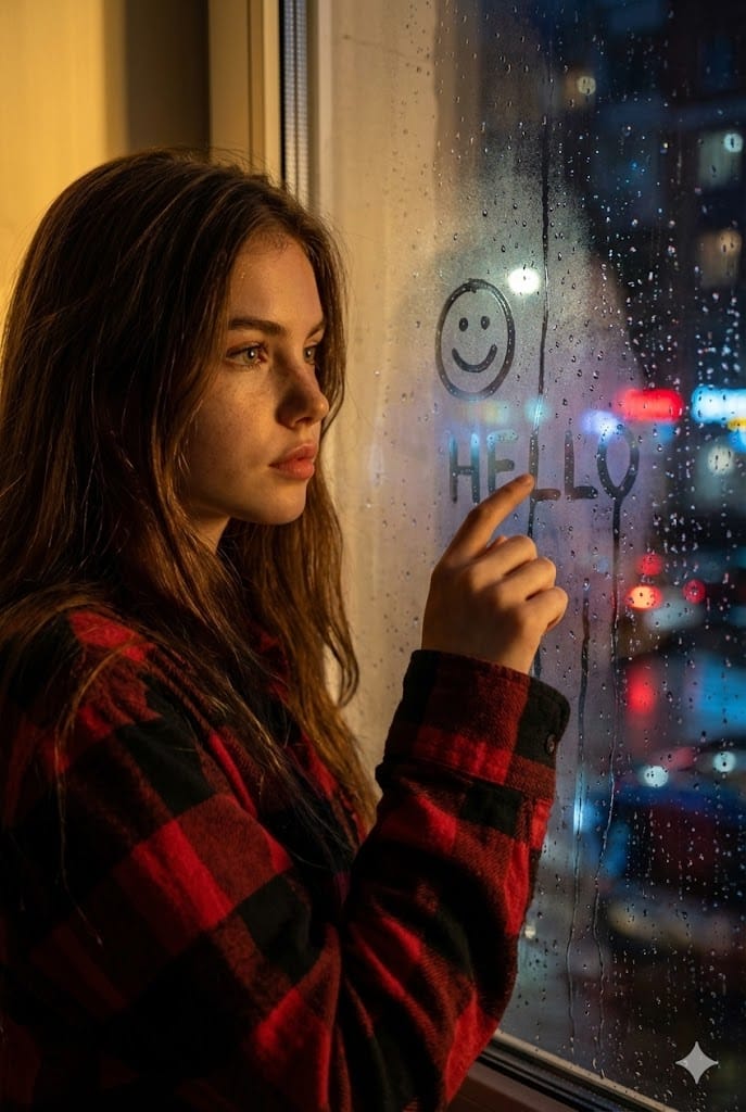 Rainy Window Doodle Portrait Prompt - AI Generated Character Style Image Example