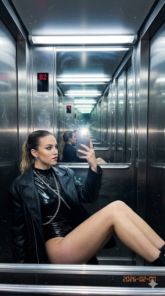 Preview image for Raw Flash Mirror Selfie in Mirrored Elevator prompt