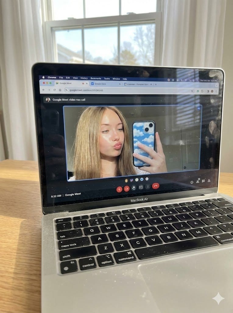 Raw Photo of MacBook Screen During Google Meet Selfie - KI-Prompt