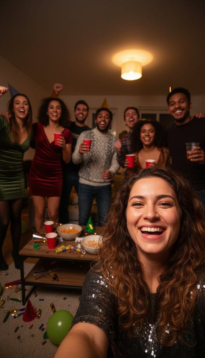 Realistic Group Selfie with Smartphone Flash Effect - AI Generated Realistic Style Image Example