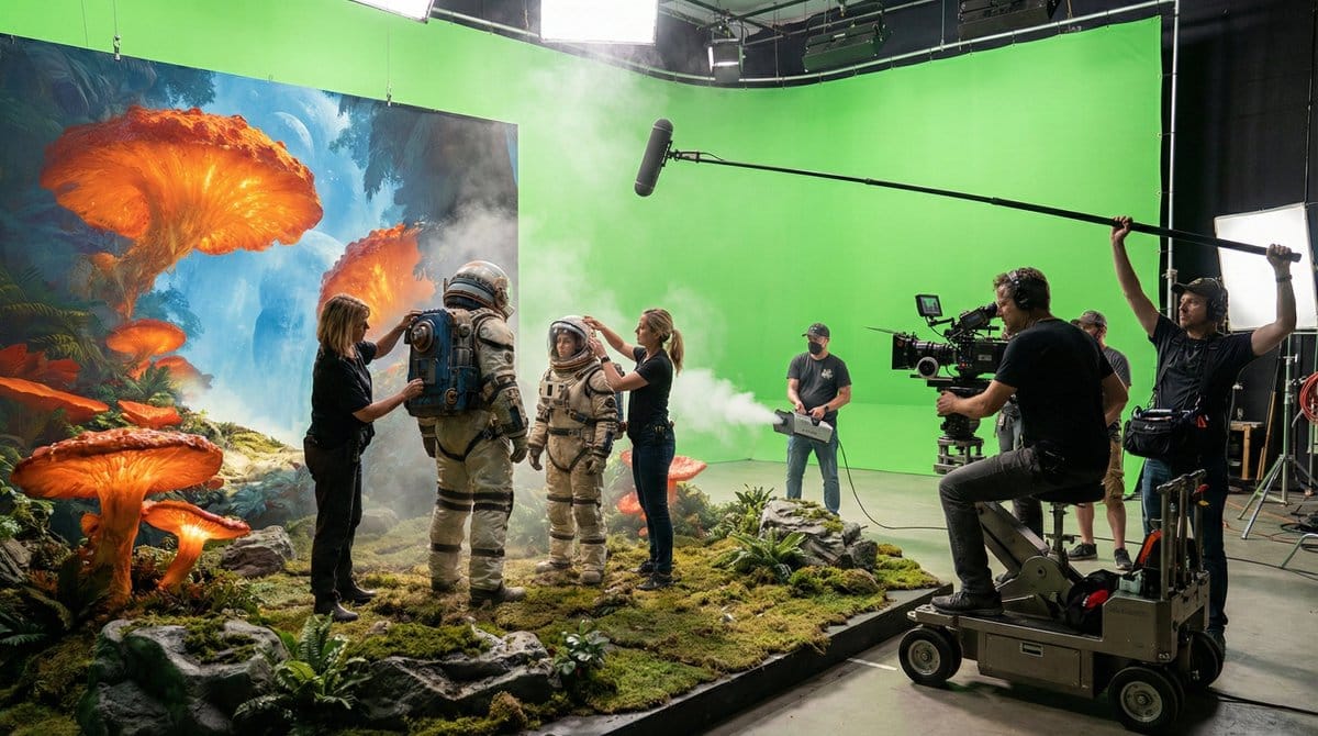 Realistic Hollywood Studio Set Behind-the-Scenes - AI 프롬프트