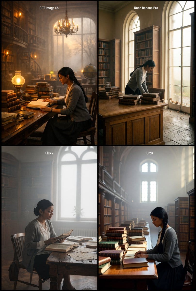 Realistic Library Scene at Foggy Autumn Dawn - AI Prompt
