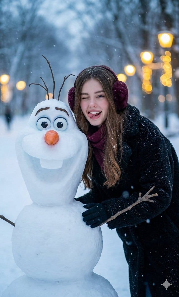 Realistic Olaf and Girl Winter Portrait - Prompt IA