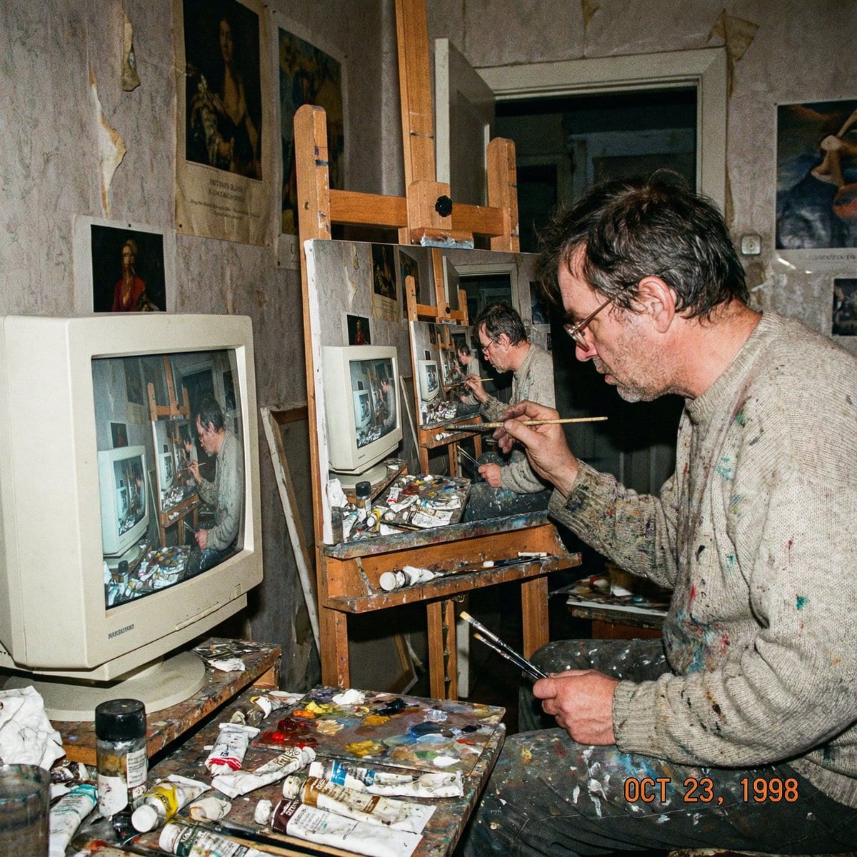 Recursive artist painting a photo of himself painting - AI Generated Realistic Style Image Example