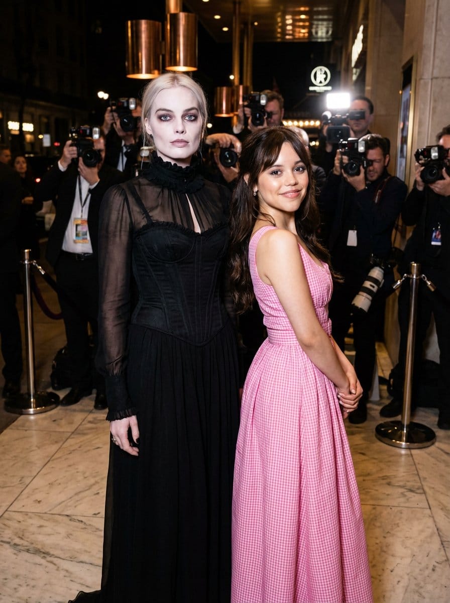 Red Carpet Juxtaposition Prompt: Margot Robbie as Wednesday and Jenna Ortega as Barbie - AI提示詞