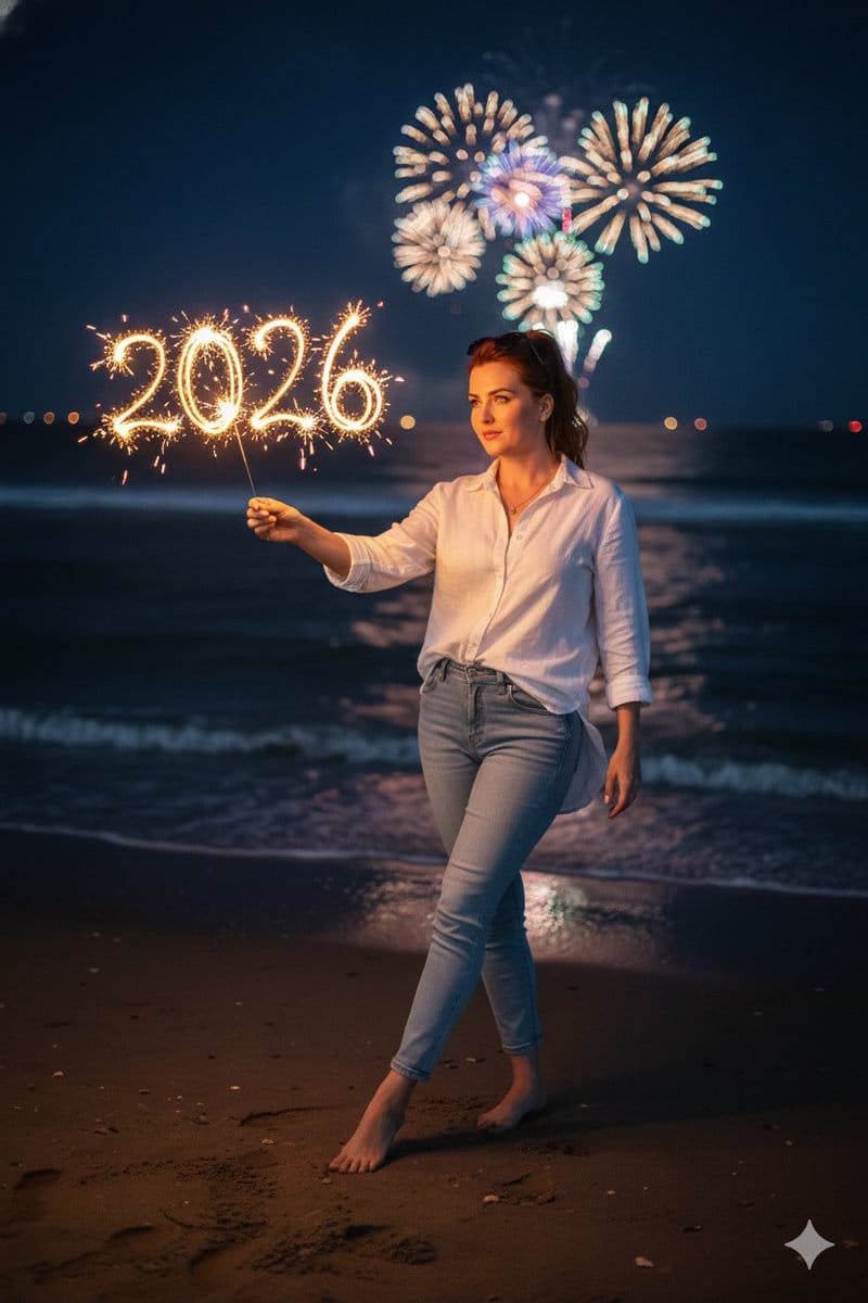 Romantic Cinematic New Year 2026 Beach Night Scene - AI 프롬프트