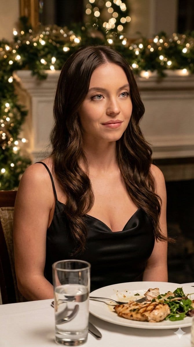 Romantic Dinner Date Portrait in Black Satin Dress - AI 프롬프트