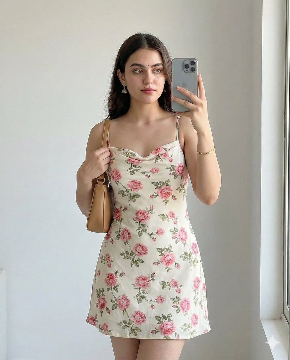 Romantic Floral Dress Mirror Selfie - Prompt de IA