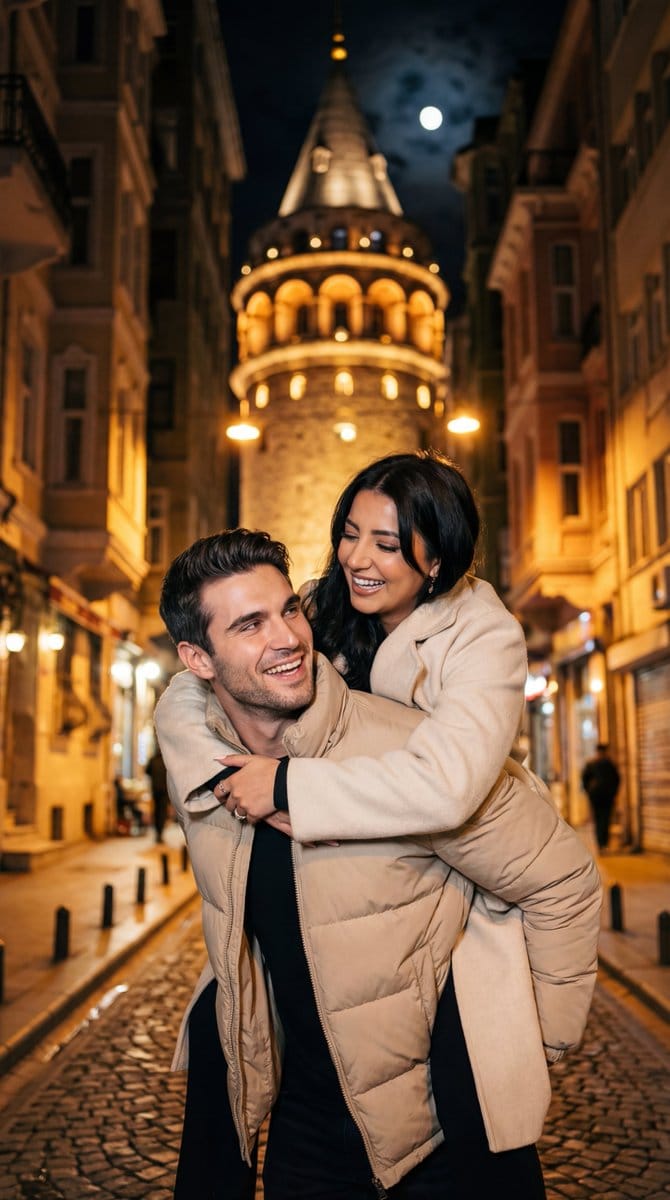 Romantic Nighttime Piggyback in front of Galata Tower - AIプロンプト
