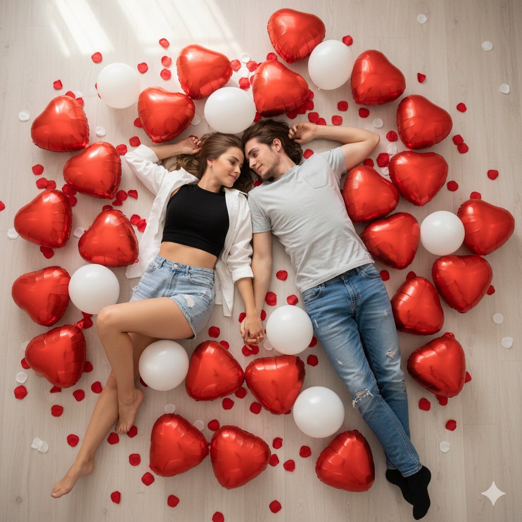 Romantic Overhead Shot with Heart Balloons