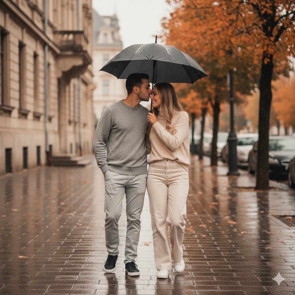 Romantic Rainy Autumn Couple Portrait - AI 프롬프트