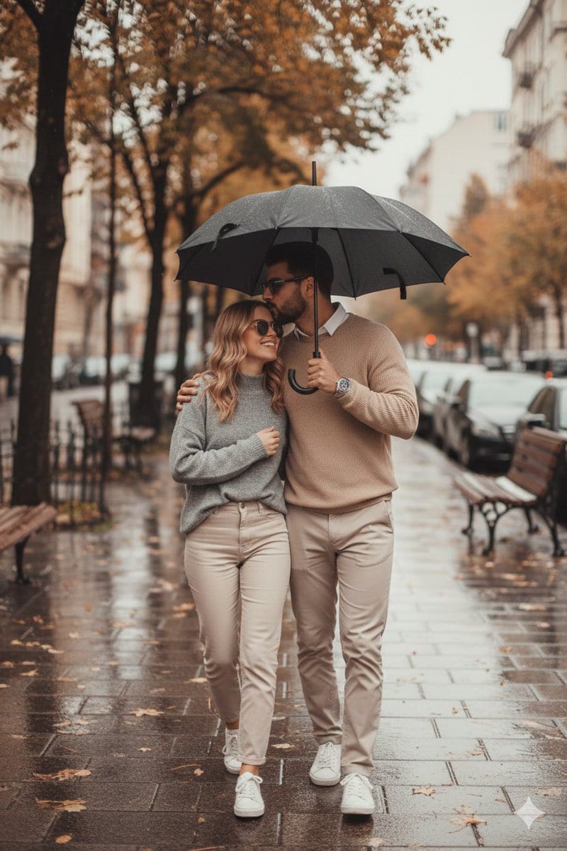 Romantic Rainy Autumn Couple Scene with Identity Lock - AI Generated Realistic Style Image Example