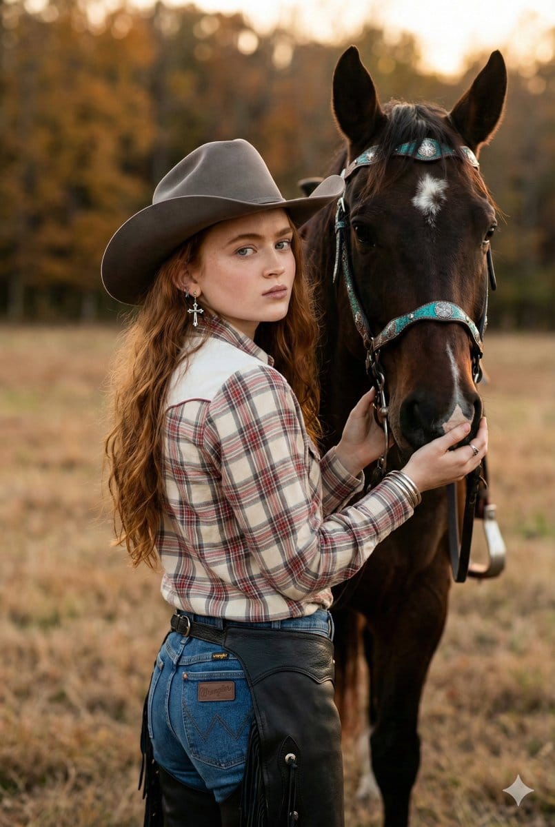 Rustic Cowgirl Portrait with Horse - AI 프롬프트