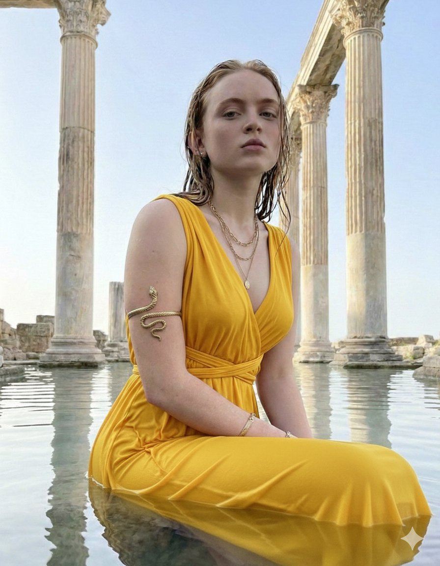 Preview image for Sadie Sink Classical Goddess Editorial (Urdu/Hindi) prompt