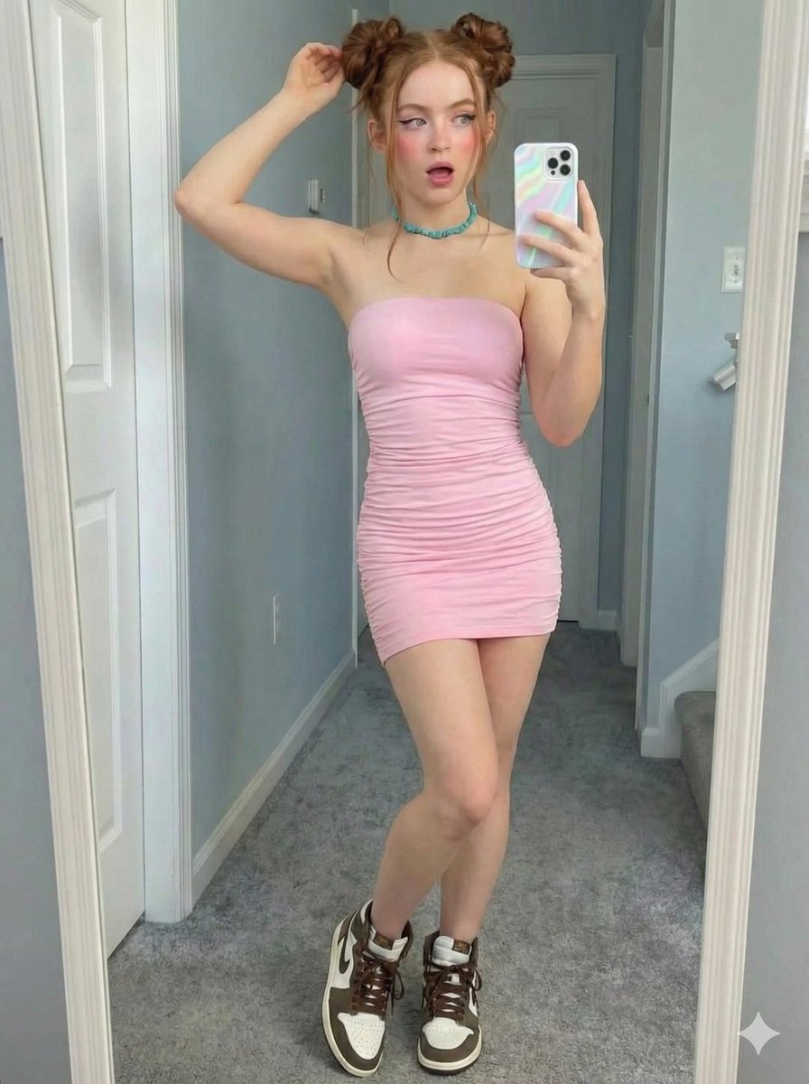 Sadie Sink Inspired Mirror Selfie in Pastel Pink Dress and Sneakers