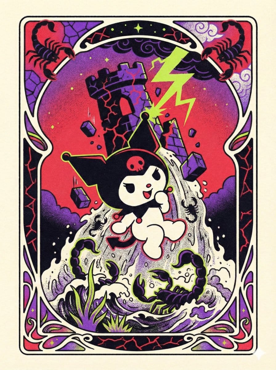 Sanrio Tarot Card Risograph Simulation - Prompt IA