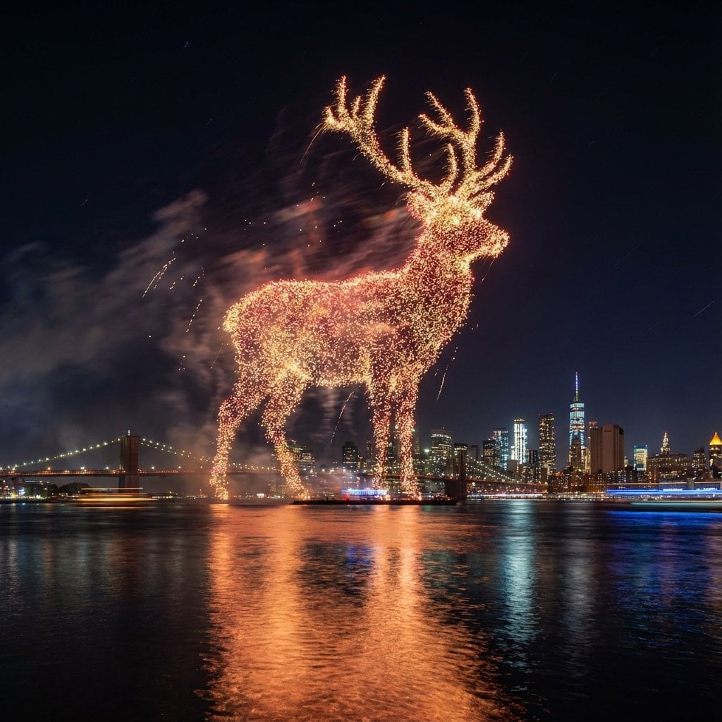 Santa Claus Fireworks over City Skyline - KI-Prompt