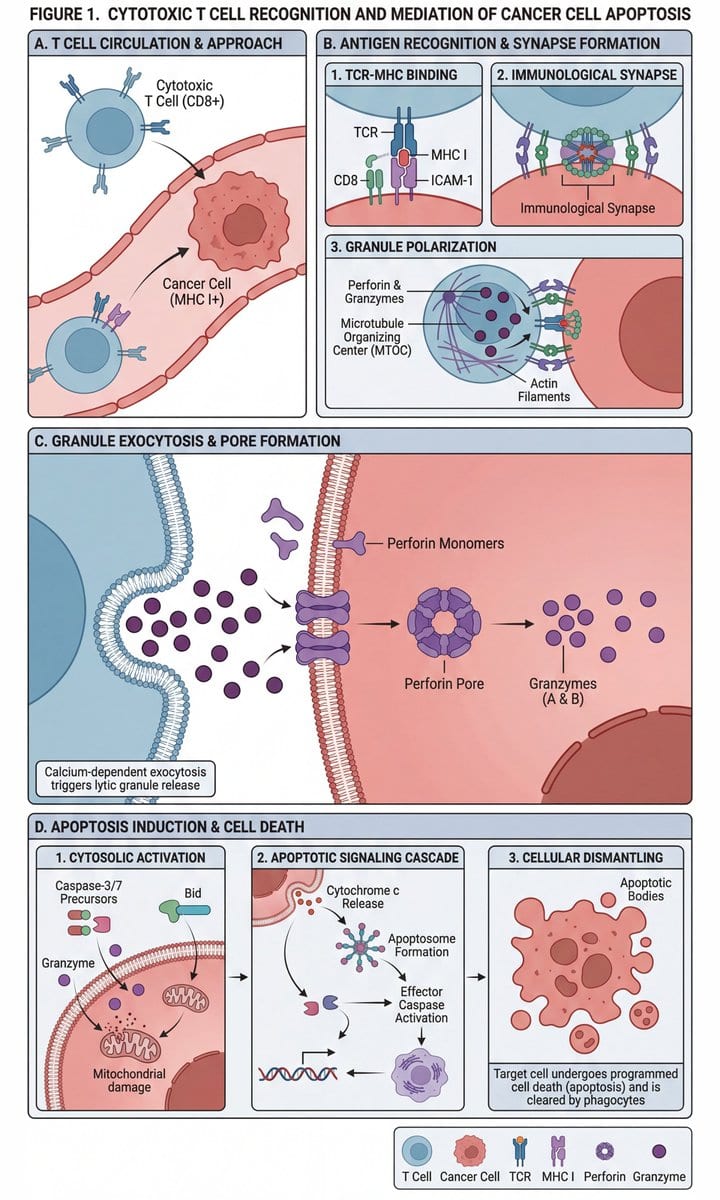 Scientific diagram of cytotoxic T cells killing cancer cells - AI Generated AI Art Style Image Example