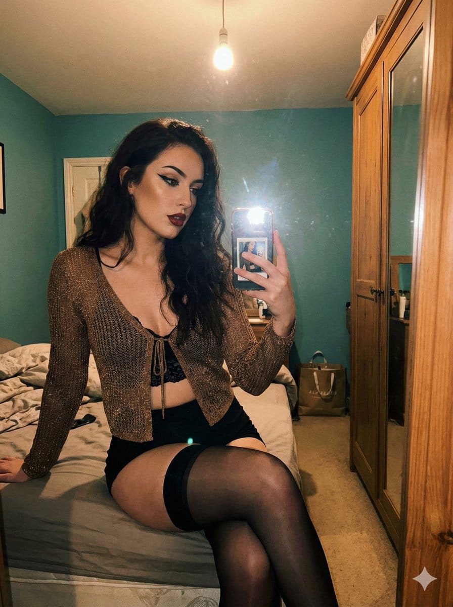 Seductive Low-Light Mirror Selfie with Flash - AI 프롬프트