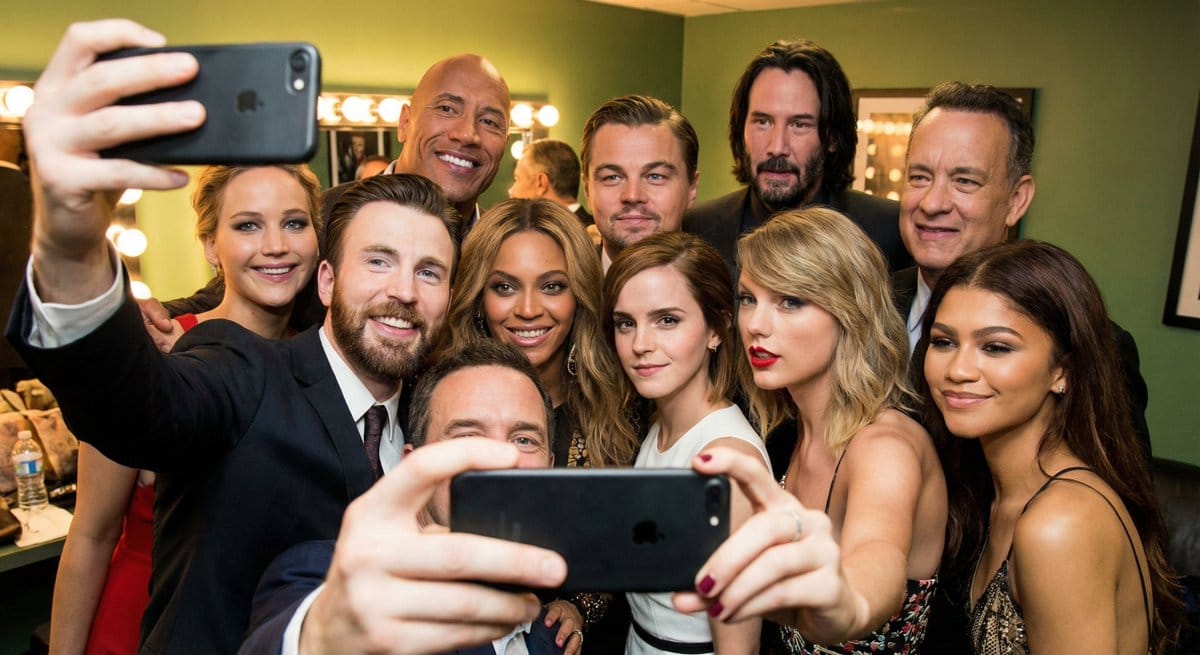 Selfie of multiple random female celebrities - AI Generated AI Art Style Image Example