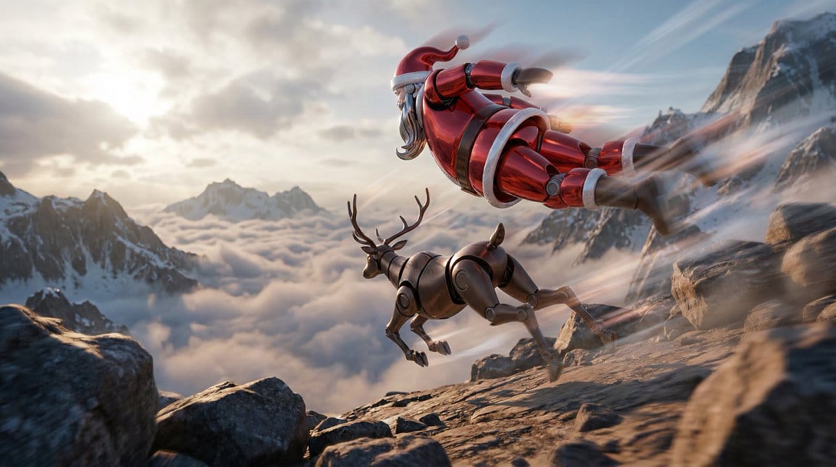 Semi-Realistic Dogfight between Santa and Reindeer Robots - Prompt de IA