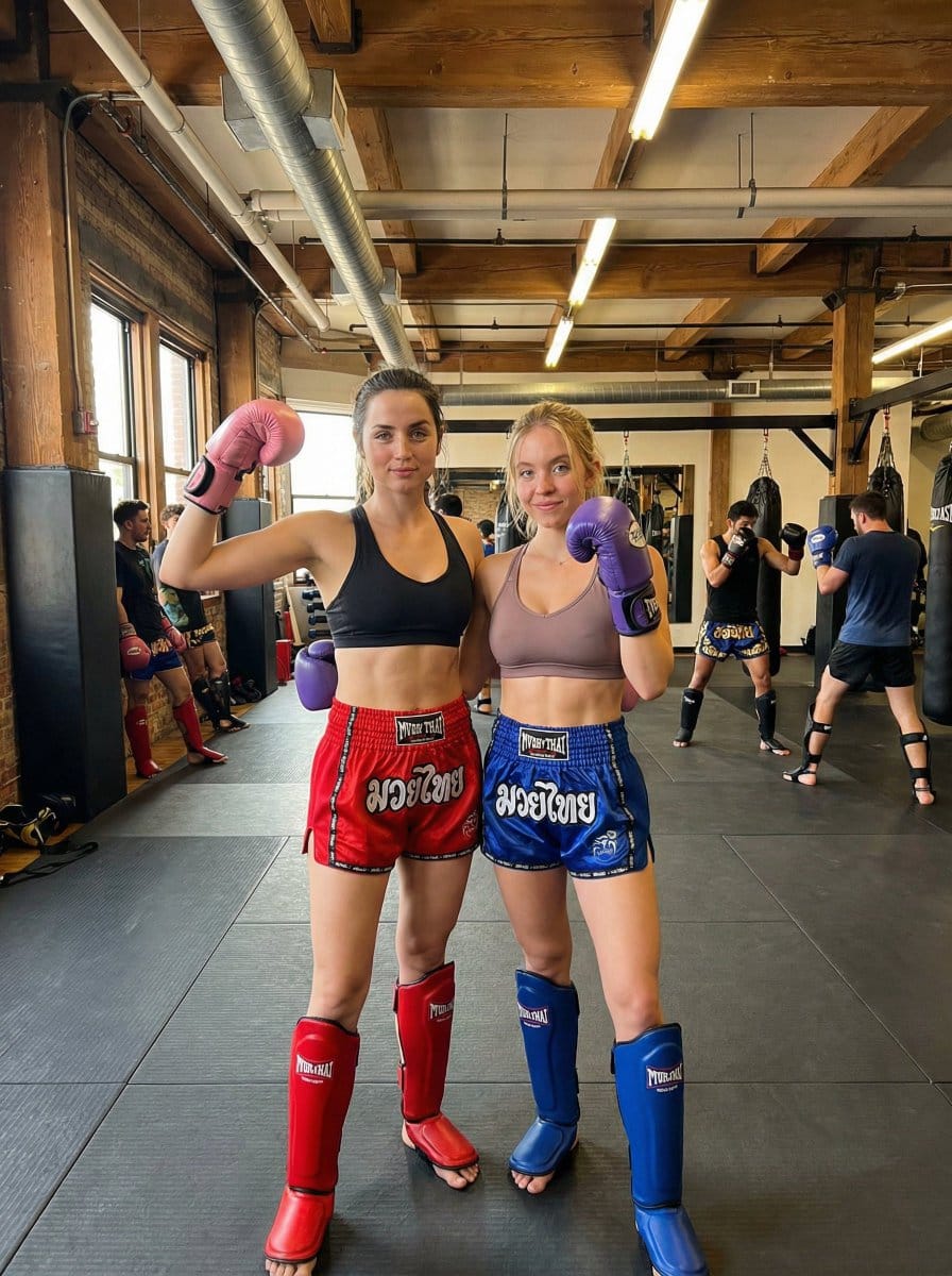 Sensual Sports Photography of Two Women in a Boxing Gym - AI 프롬프트
