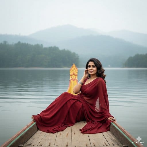 Serene Lake Portrait (Woman in Saree on a Boat) - AI提示詞