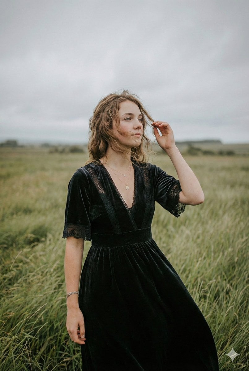 Serene Western Girl in Tall Grass Portrait - Prompt IA
