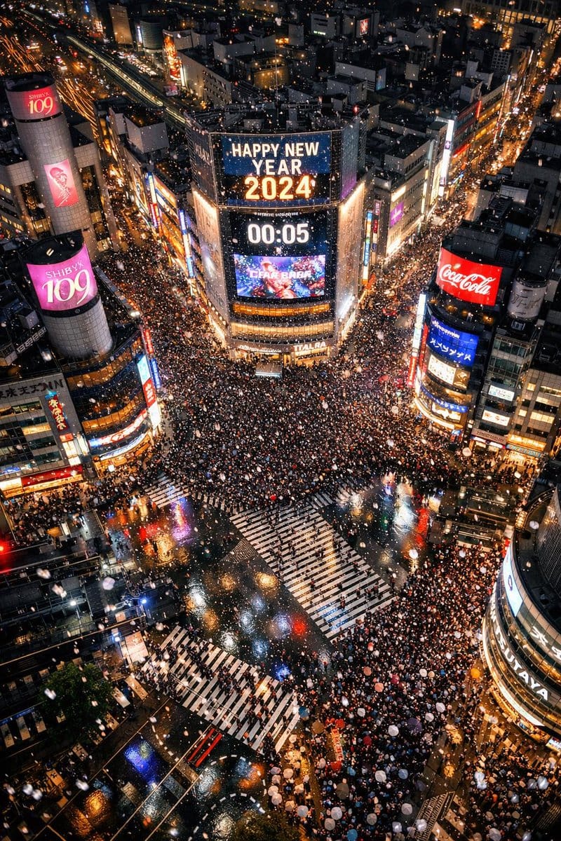 Shibuya Scramble Crossing New Year's Eve Scene - AI 프롬프트