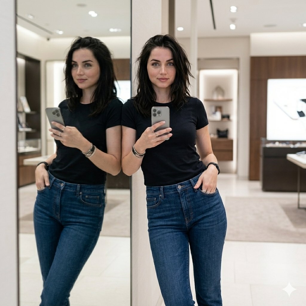 Preview image for Showroom Mirror Selfie Fashion Portrait prompt