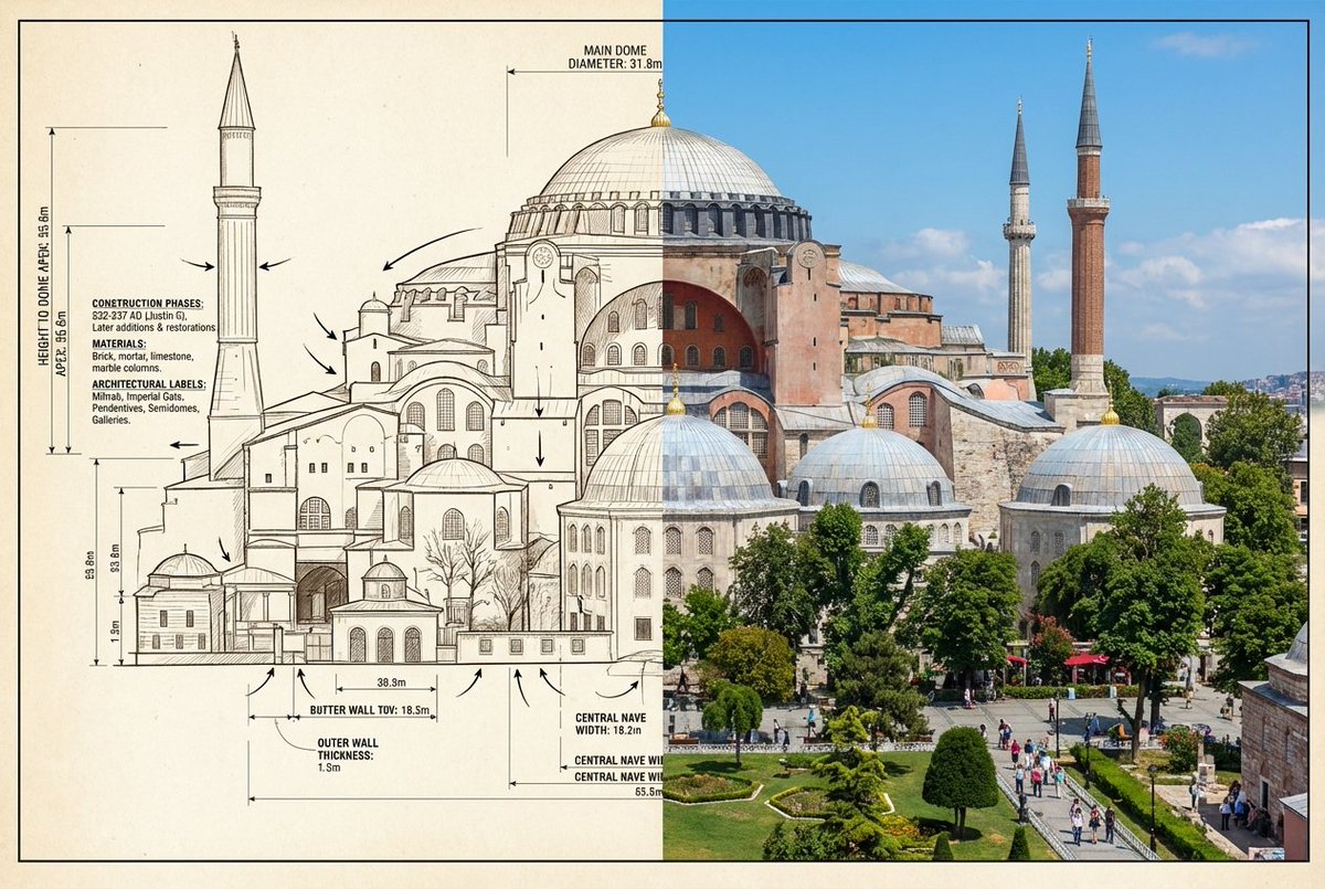Preview image for Side-by-Side Architectural Comparison of Hagia Sophia prompt