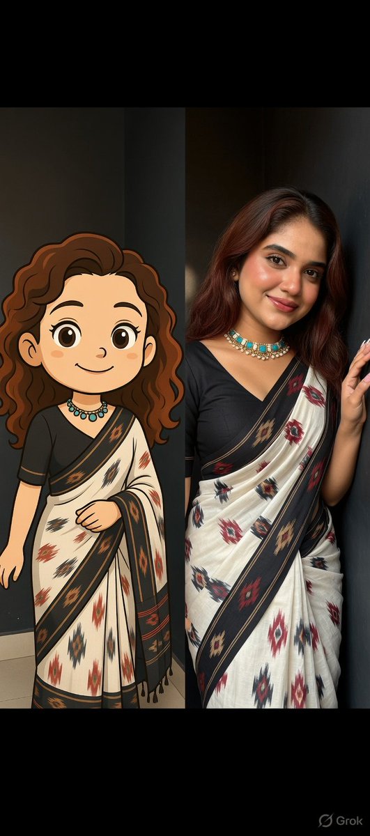 Preview image for Side-by-Side Portrait of Realistic Woman in Saree and Cartoon Younger Self prompt
