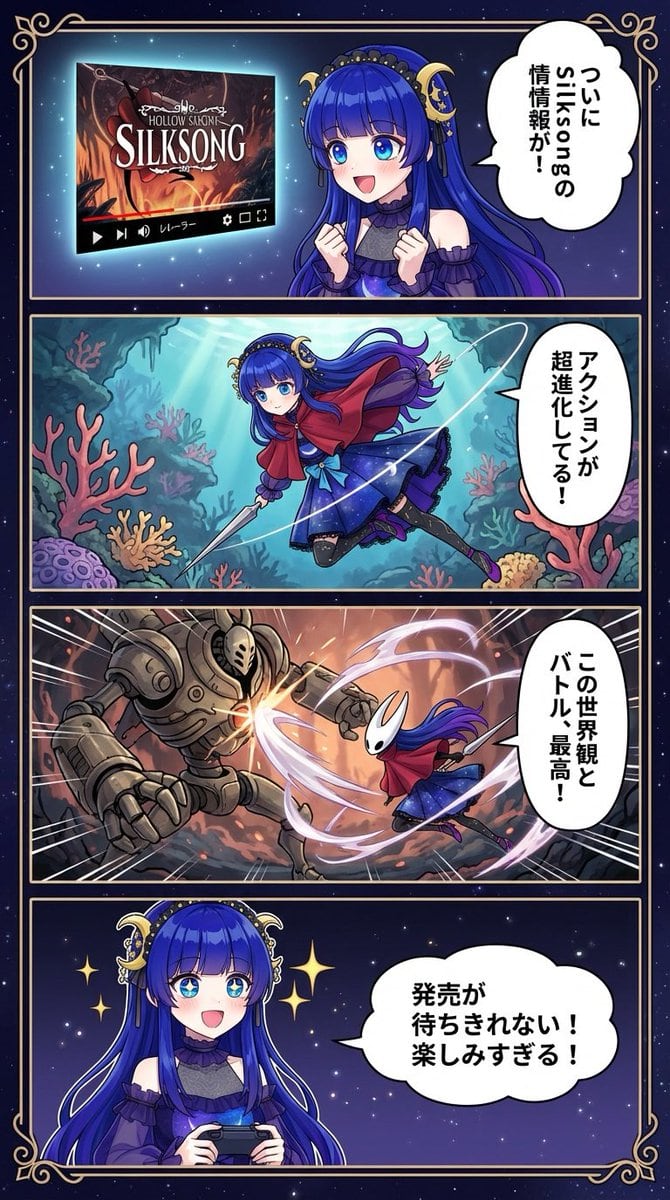 Silksong 4-panel comic from uploaded character - AI Generated Character Style Image Example
