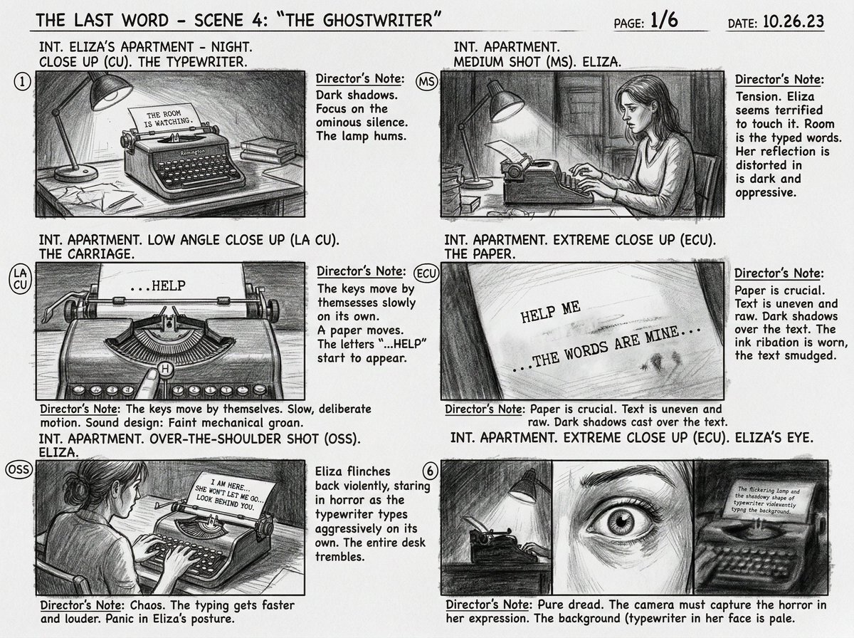 Preview image for Six-Panel Cinematic Storyboard Sketch prompt