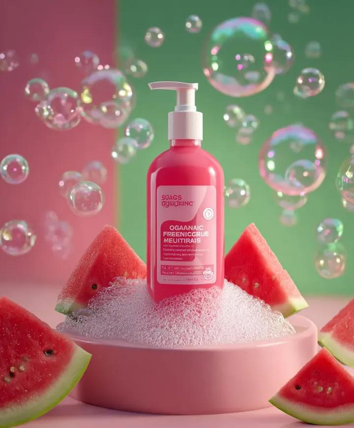 Preview image for Skincare product advertisement with watermelon and bubbles prompt
