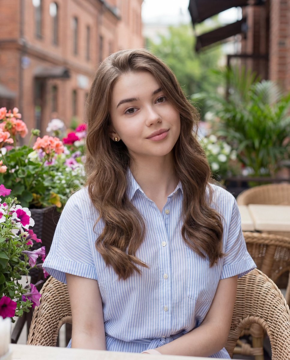 Preview image for Soft Feminine Lifestyle Portrait at a Flower-Filled Café prompt