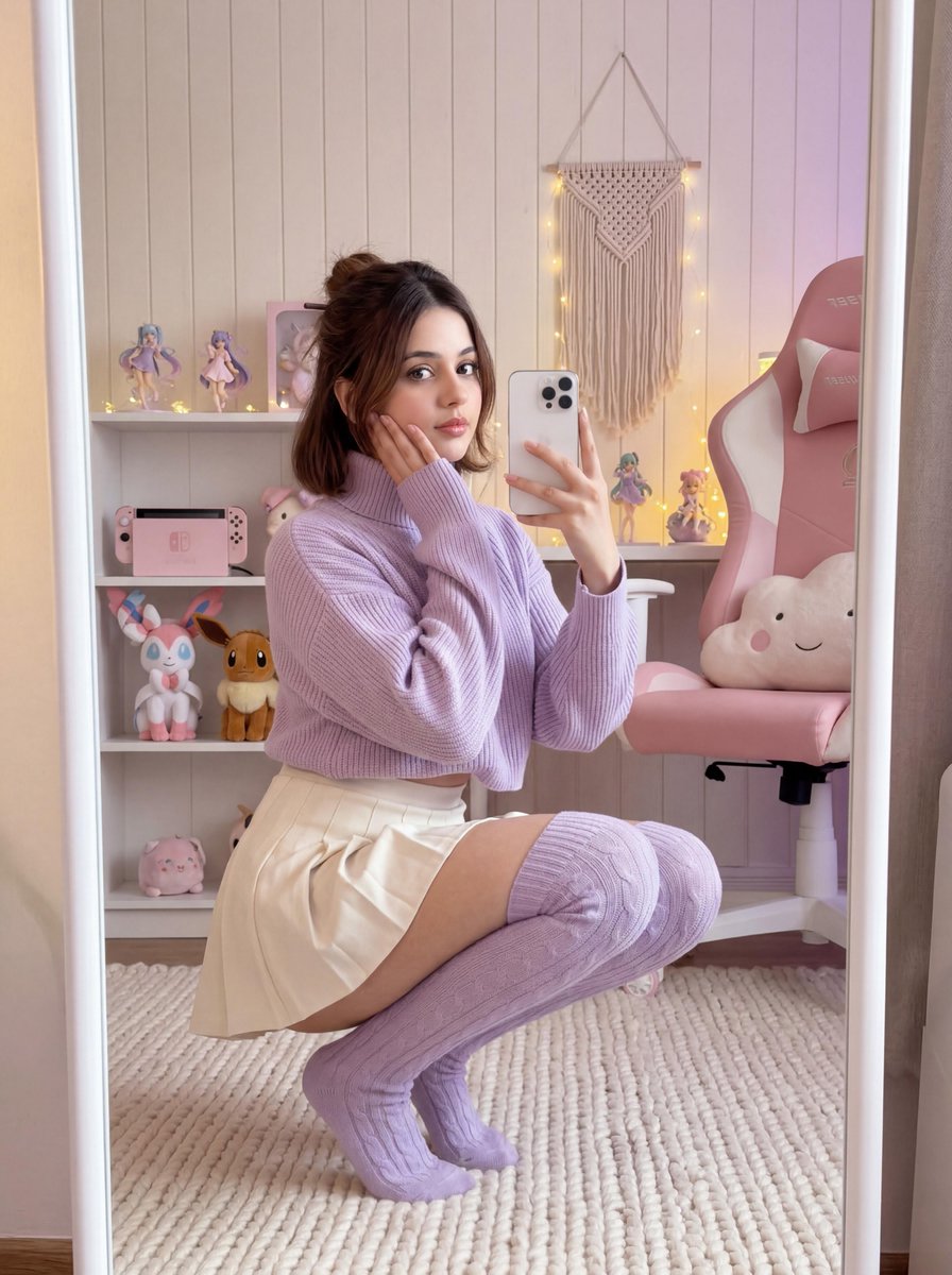 Preview image for Soft Gamer Aesthetic Mirror Selfie in Lavender Light prompt