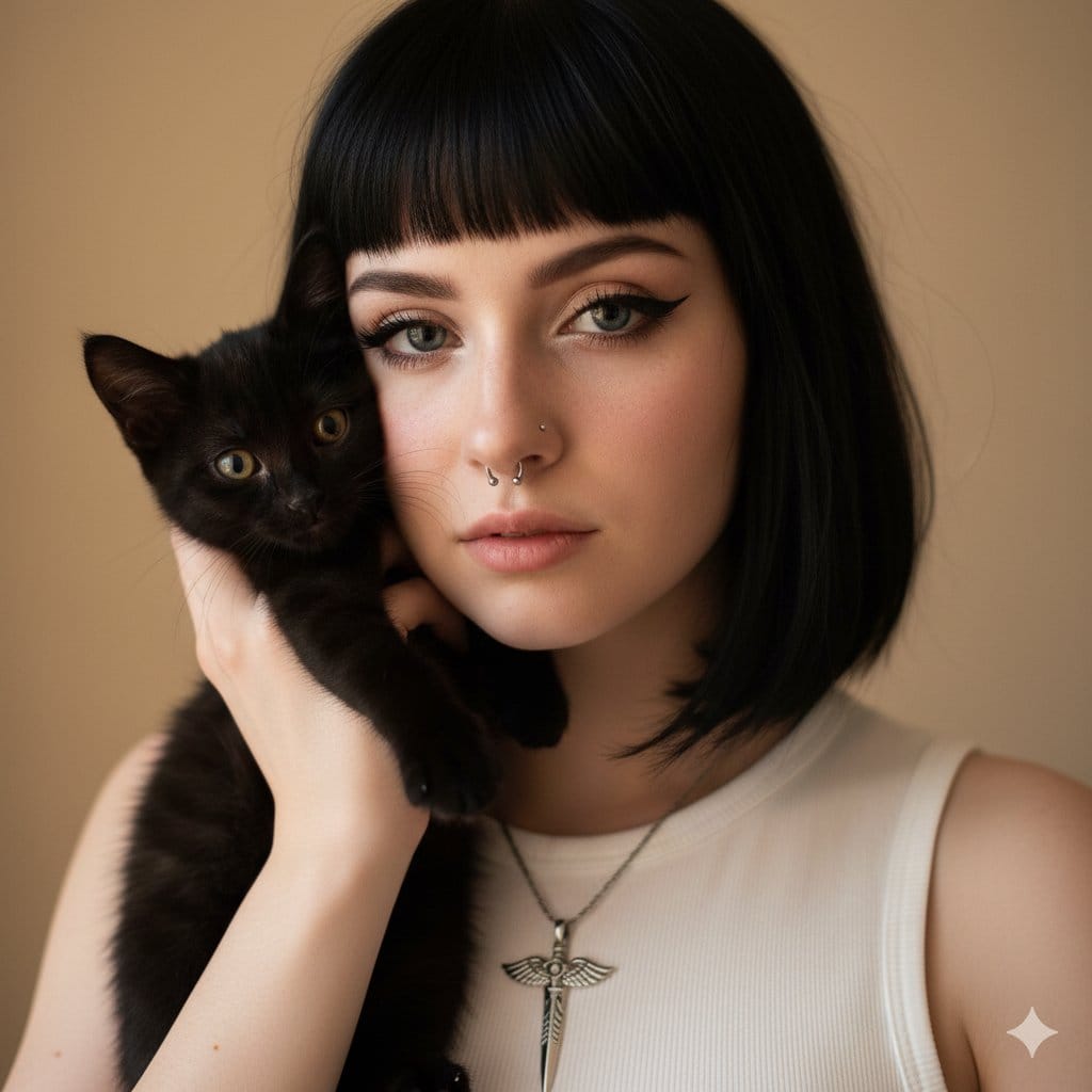 Soft Grunge Portrait with Black Cat - AI提示词