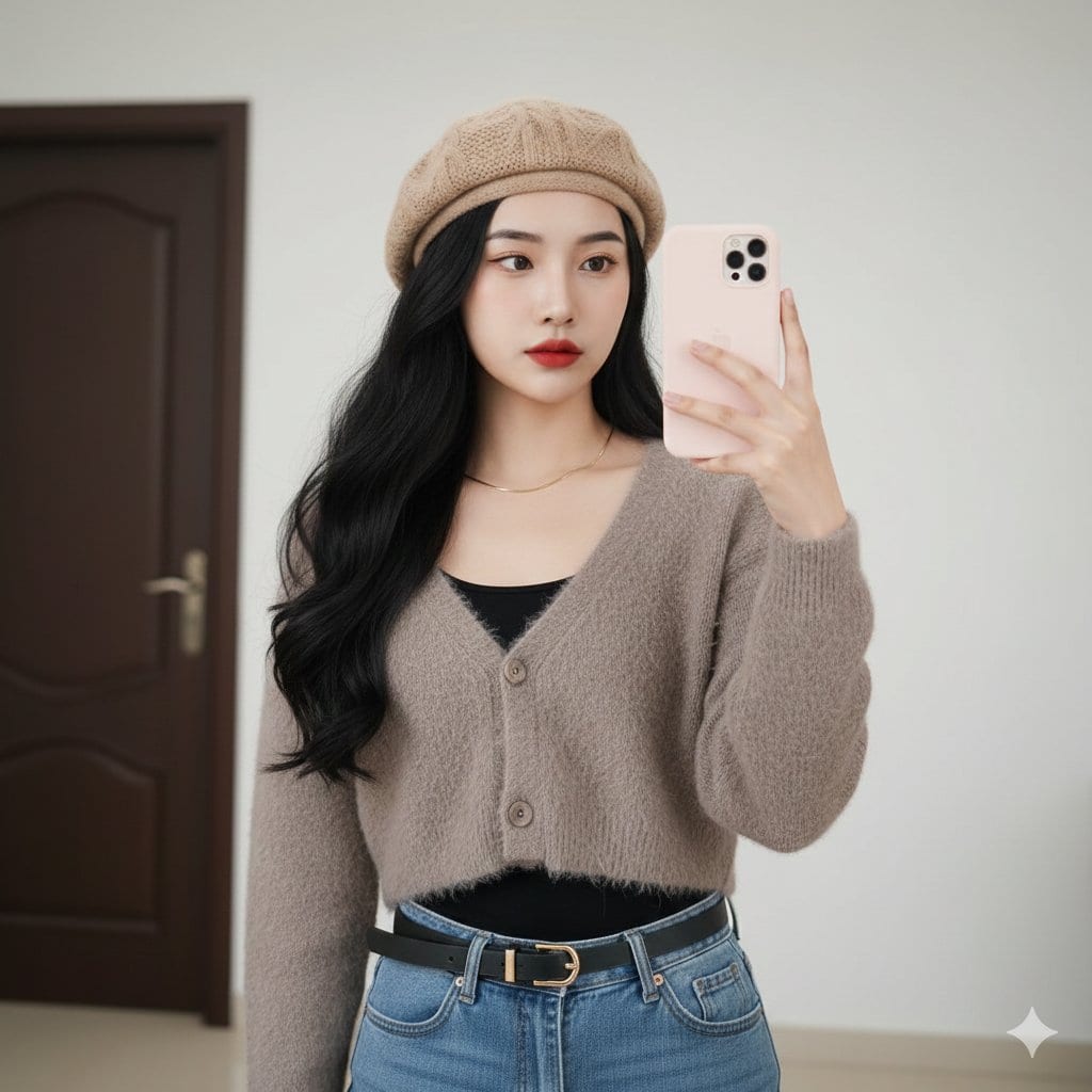 Sophisticated Mirror Selfie in Minimalist Setting - AI 프롬프트