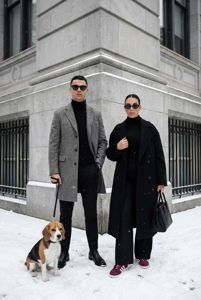 Sophisticated Urban Winter Couple Portrait - AI提示词