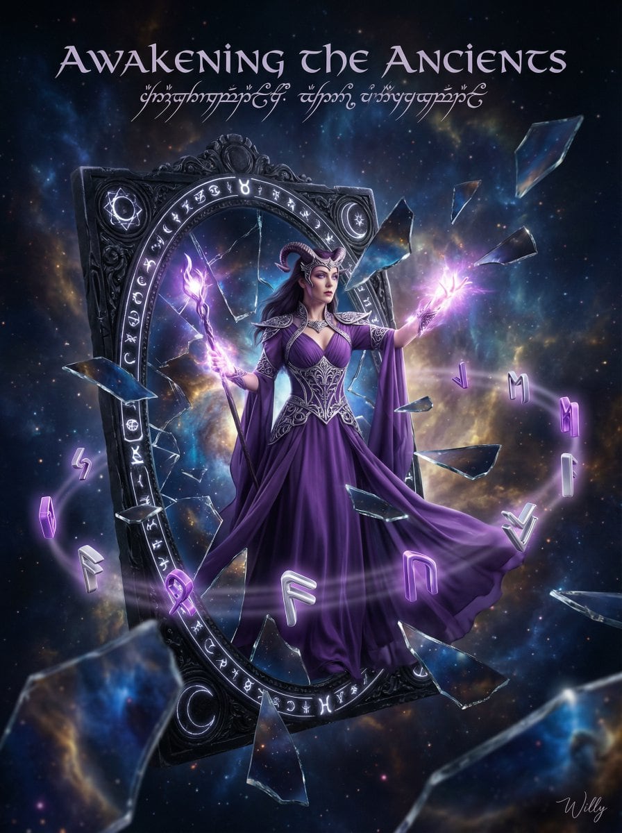 Sorceress Emerging from Obsidian Mirror - AI提示词