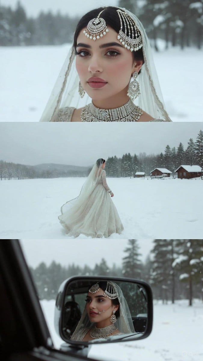 South Asian Bride in Snowy Landscape Collage - AI Prompt