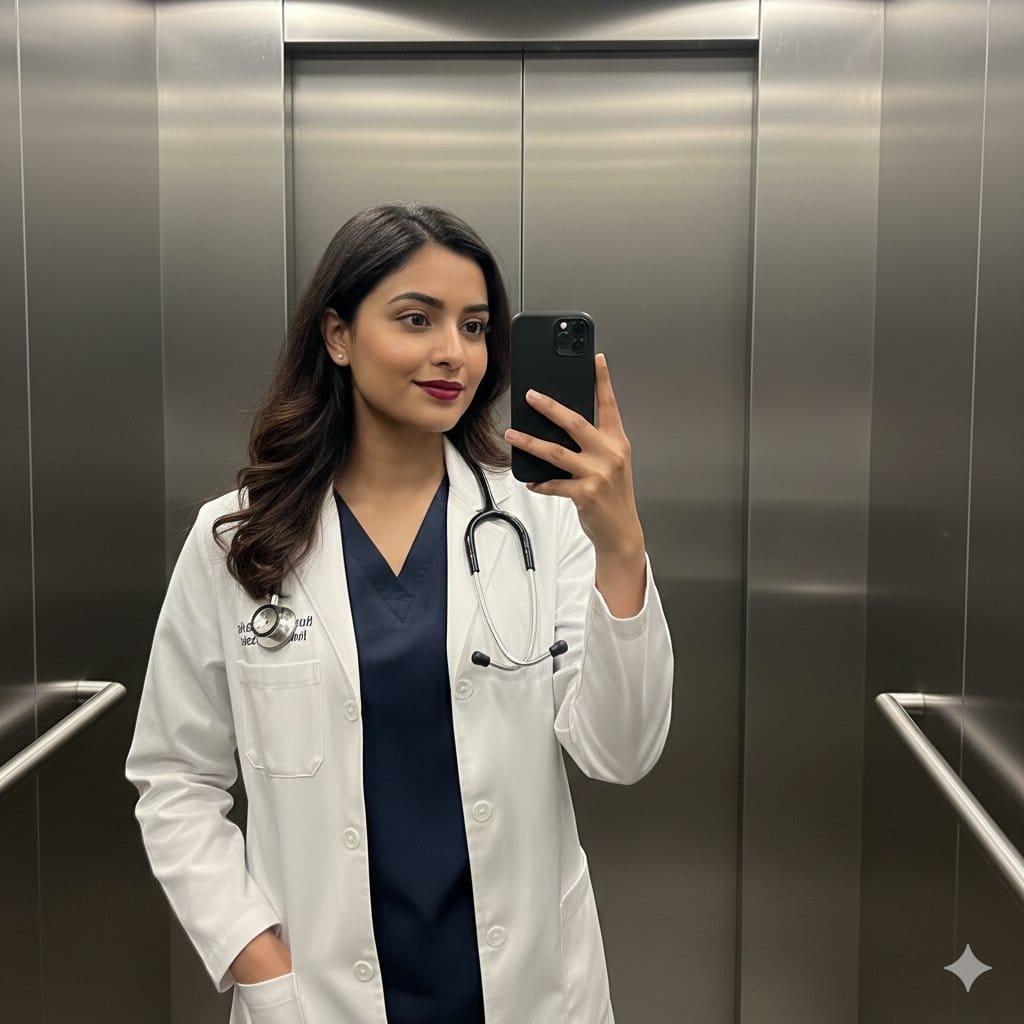 South Asian Doctor Mirror Selfie Prompt - AI 프롬프트